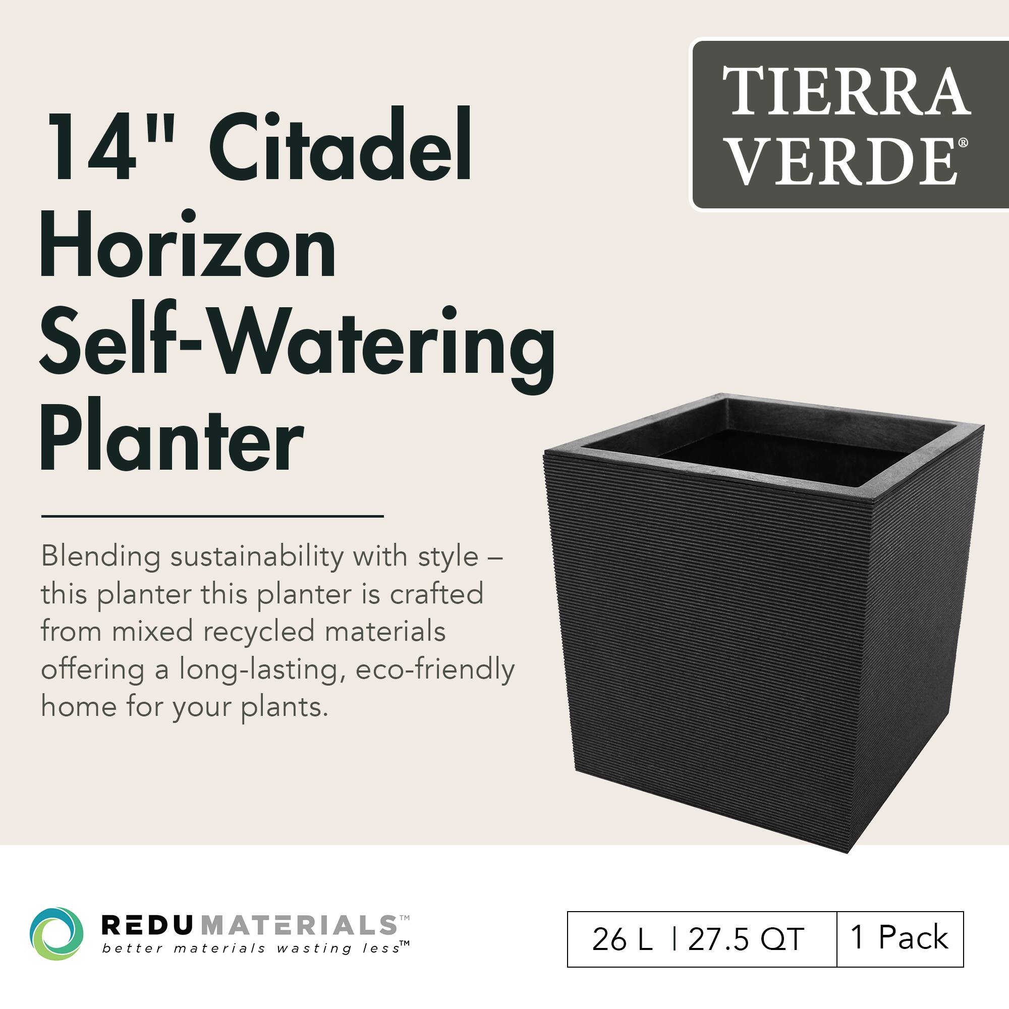 14" Citadel Horizon Self-Watering Planter

Blending sustainability with style – this planter is crafted from mixed recycled materials offering a long-lasting, eco-friendly home for your plants.

TIERRA VERDE

REDU MATERIALS
better materials wasting less

26 L | 27.5 QT | 1 Pack