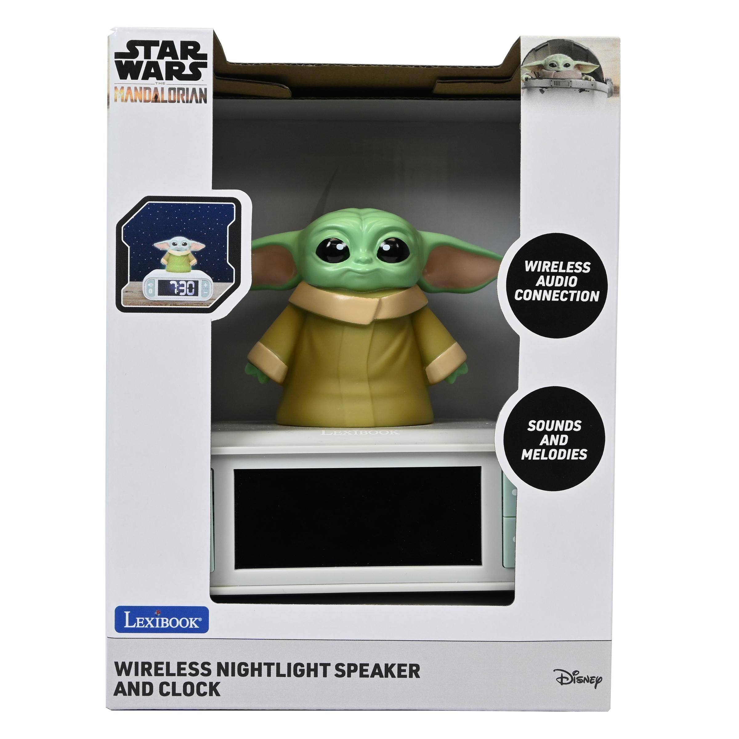 STAR WARS TEAM MANDALORIAN  
7:30  
WIRELESS AUDIO CONNECTION  
LEXIBOOK  
SOUNDS AND MELODIES  
LEXIBOOK  
WIRELESS NIGHTLIGHT SPEAKER AND CLOCK  
Disney