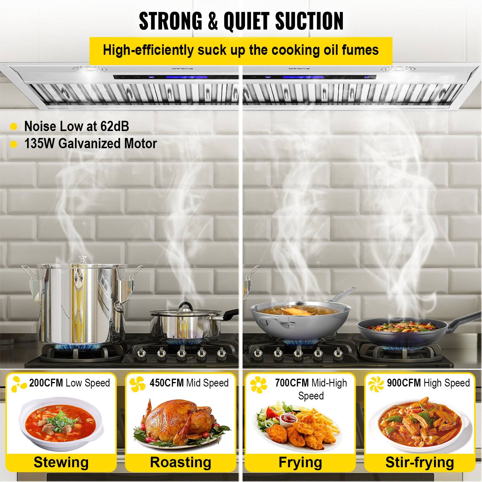 STRONG & QUIET SUCTION  
High-efficiently suck up the cooking oil fumes

- Noise Low at 62dB
- 135W Galvanized Motor

200CFM Low Speed  
450CFM Mid Speed  
700CFM Mid-High Speed  
900CFM High Speed

Stewing  
Roasting  
Frying  
Stir-frying