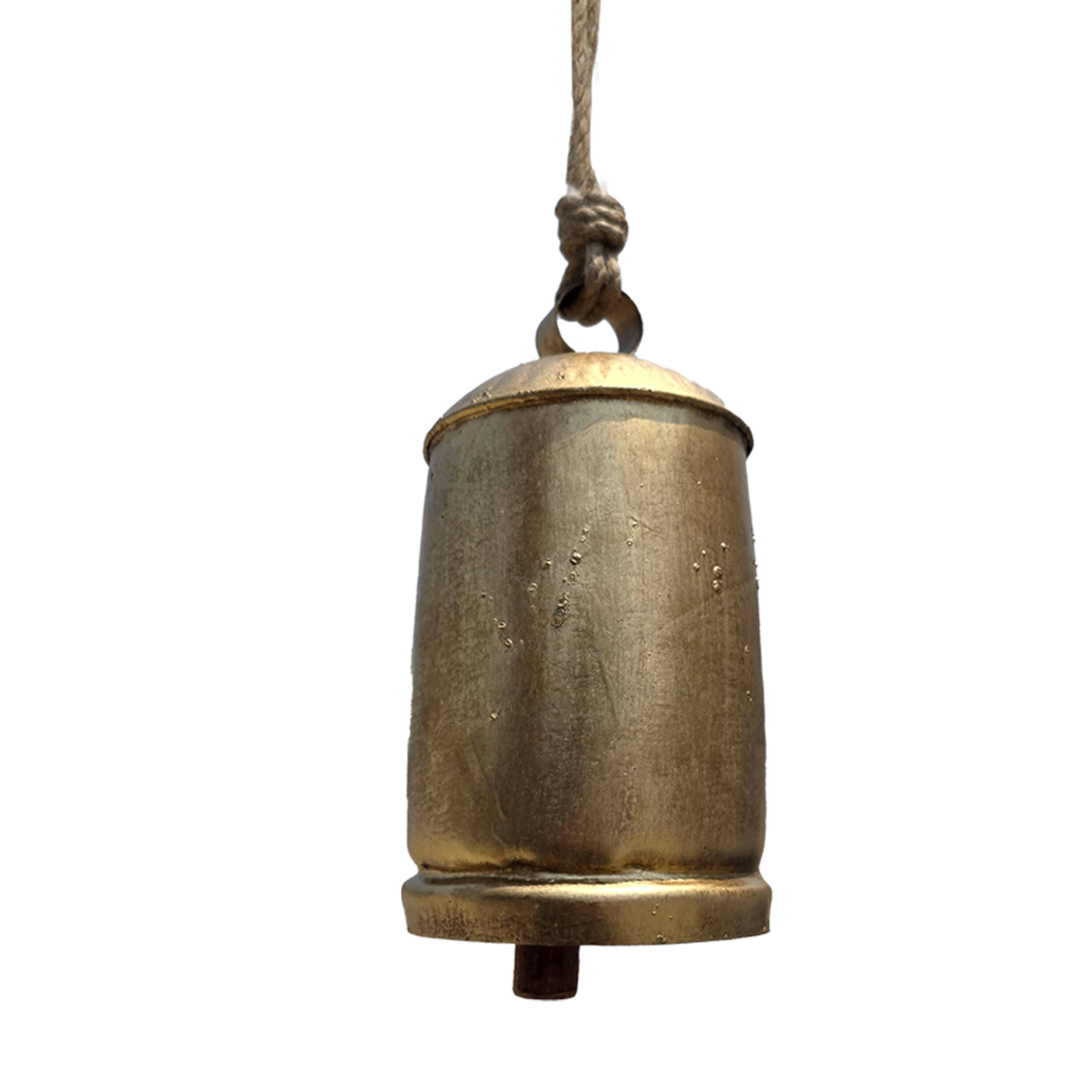 Back. Manhattan Lane - Zaira Decorative Iron Cow Bells Set of 3 | Cylindrical | Antique Gold Finish| Jute Hanging Rope | 20, 15, 12 Inches - Gold.