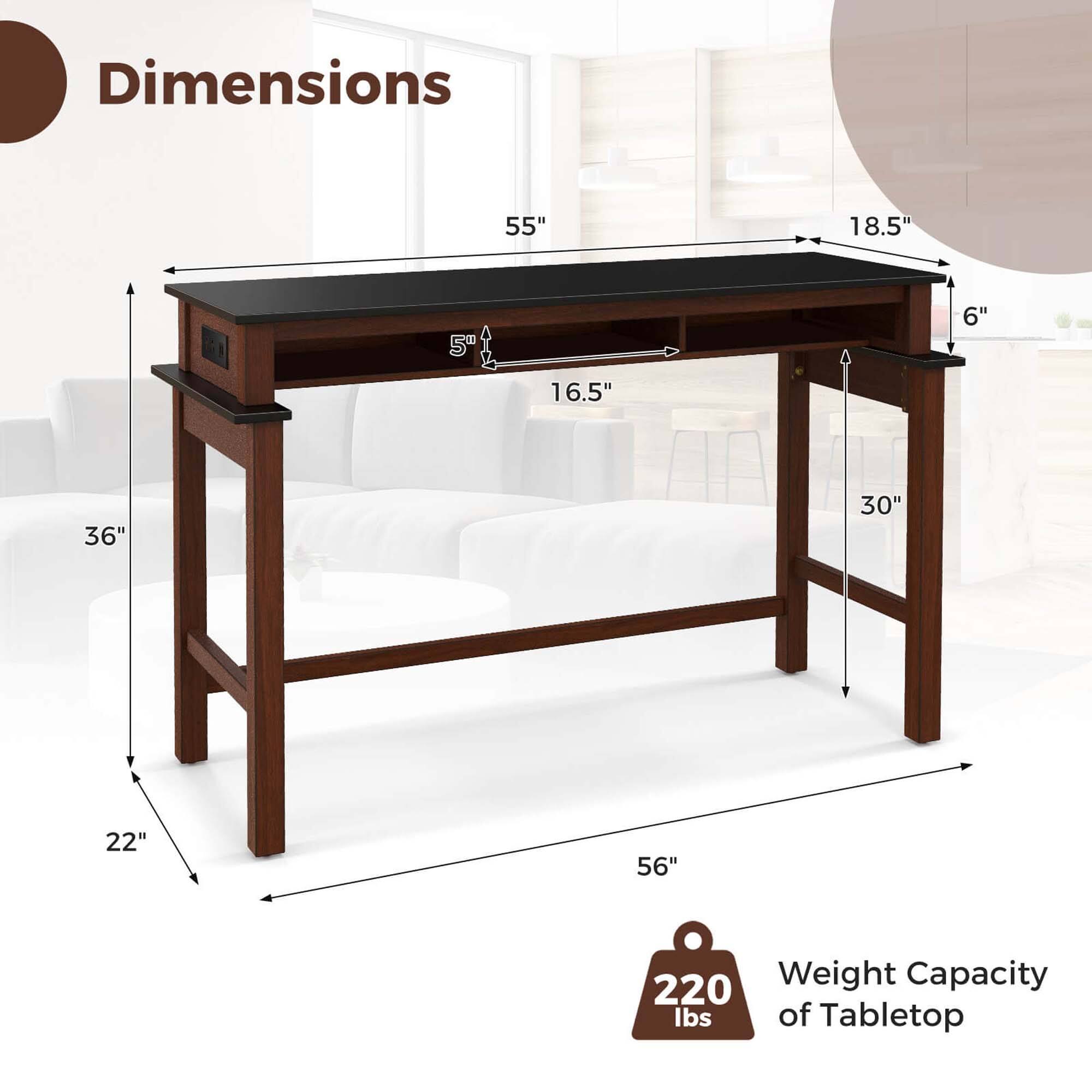 Dimensions: 55" x 18.5" x 5" x 6" x 16.5" x 36" x 30" x 22" x 56"
Weight Capacity: 220 lbs of tabletop