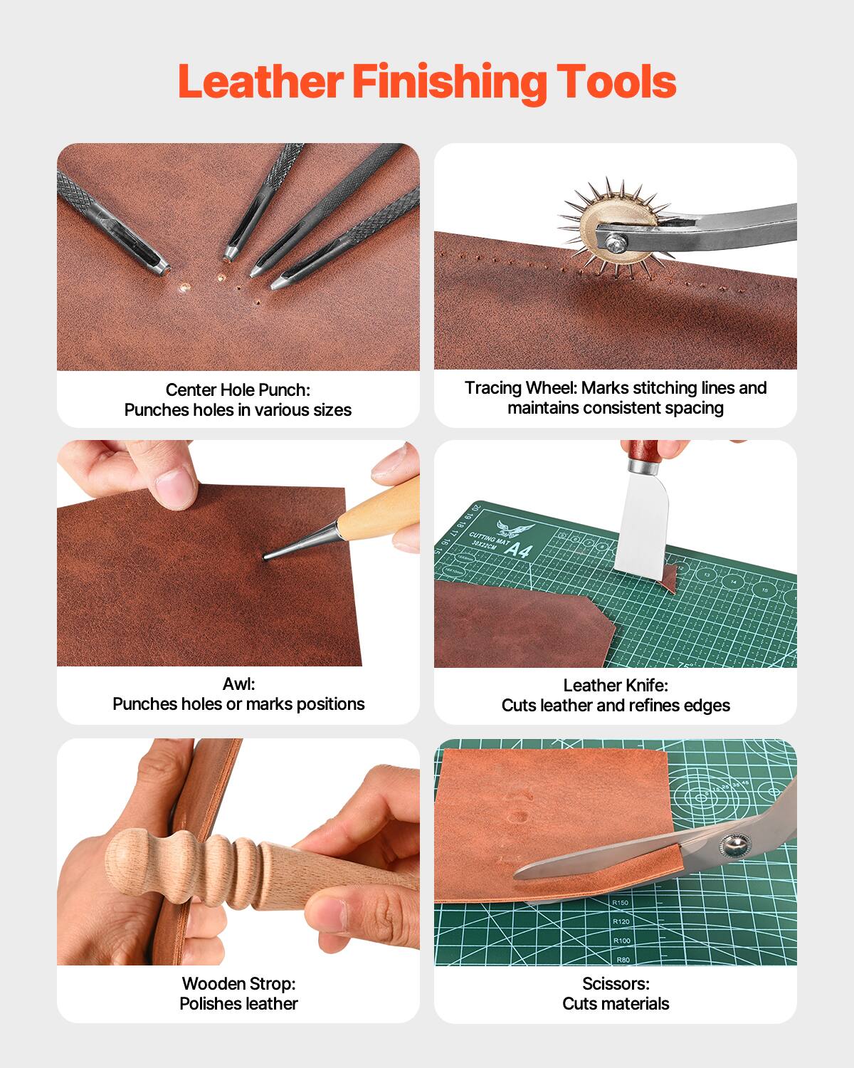 Leather Finishing Tools

- Center Hole Punch: Punches holes in various sizes
- Tracing Wheel: Marks stitching lines and maintains consistent spacing
- Awl: Punches holes or marks positions
- Leather Knife: Cuts leather and refines edges
- Wooden Strop: Polishes leather
- Scissors: Cuts materials