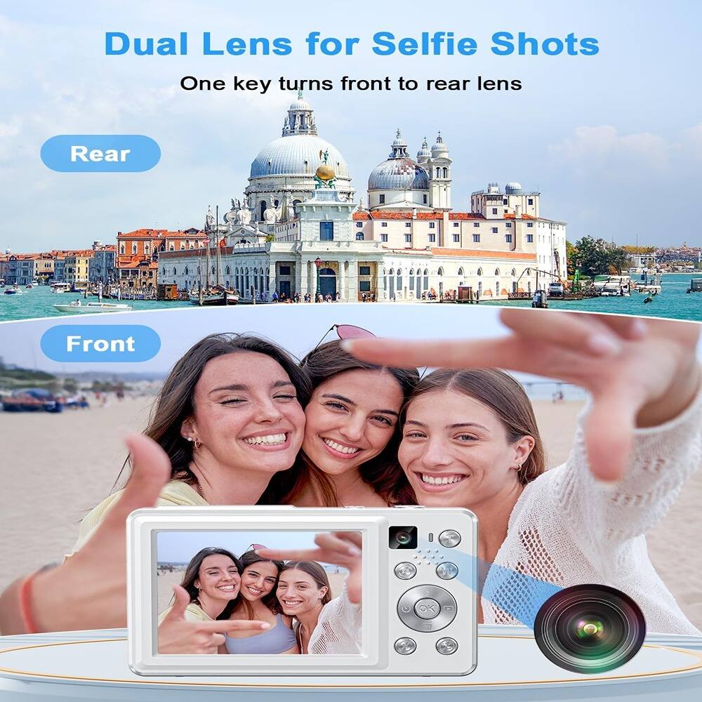Dual Lens for Selfie Shots  
One key turns front to rear lens  

Rear  
Front
