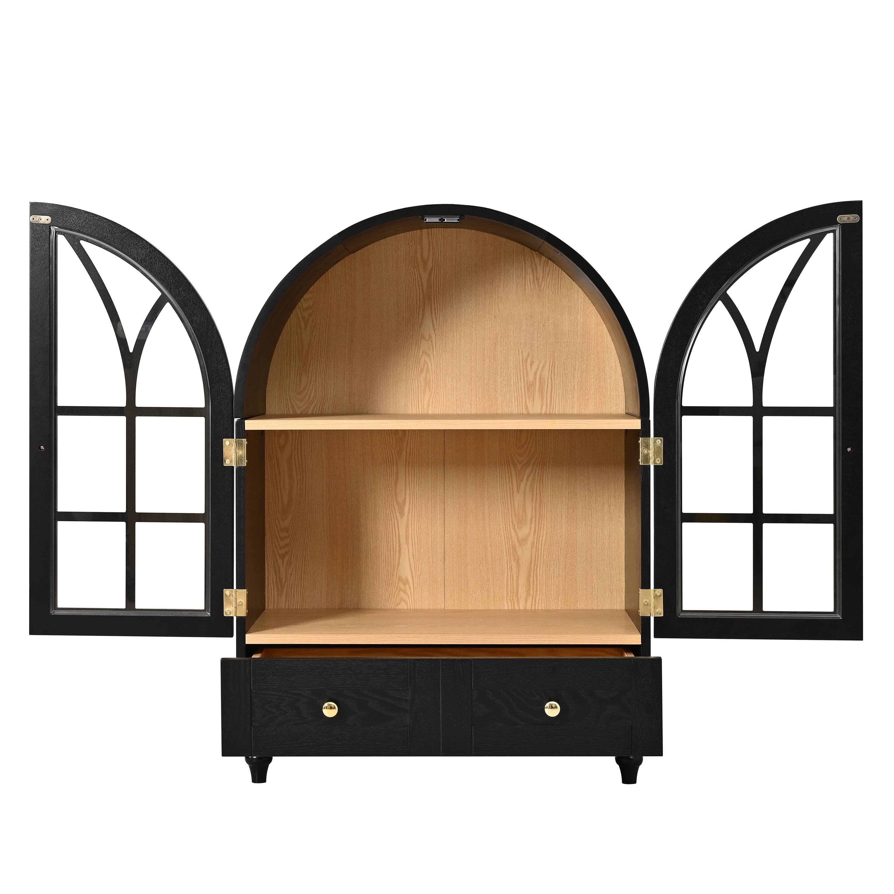 Alt View 2. Loheer - Loheer Arched Display Cabinet Wood Storage Cabinet with Glass Doors Accent Cabinet with Drawers for Living Room - Natural Wood.