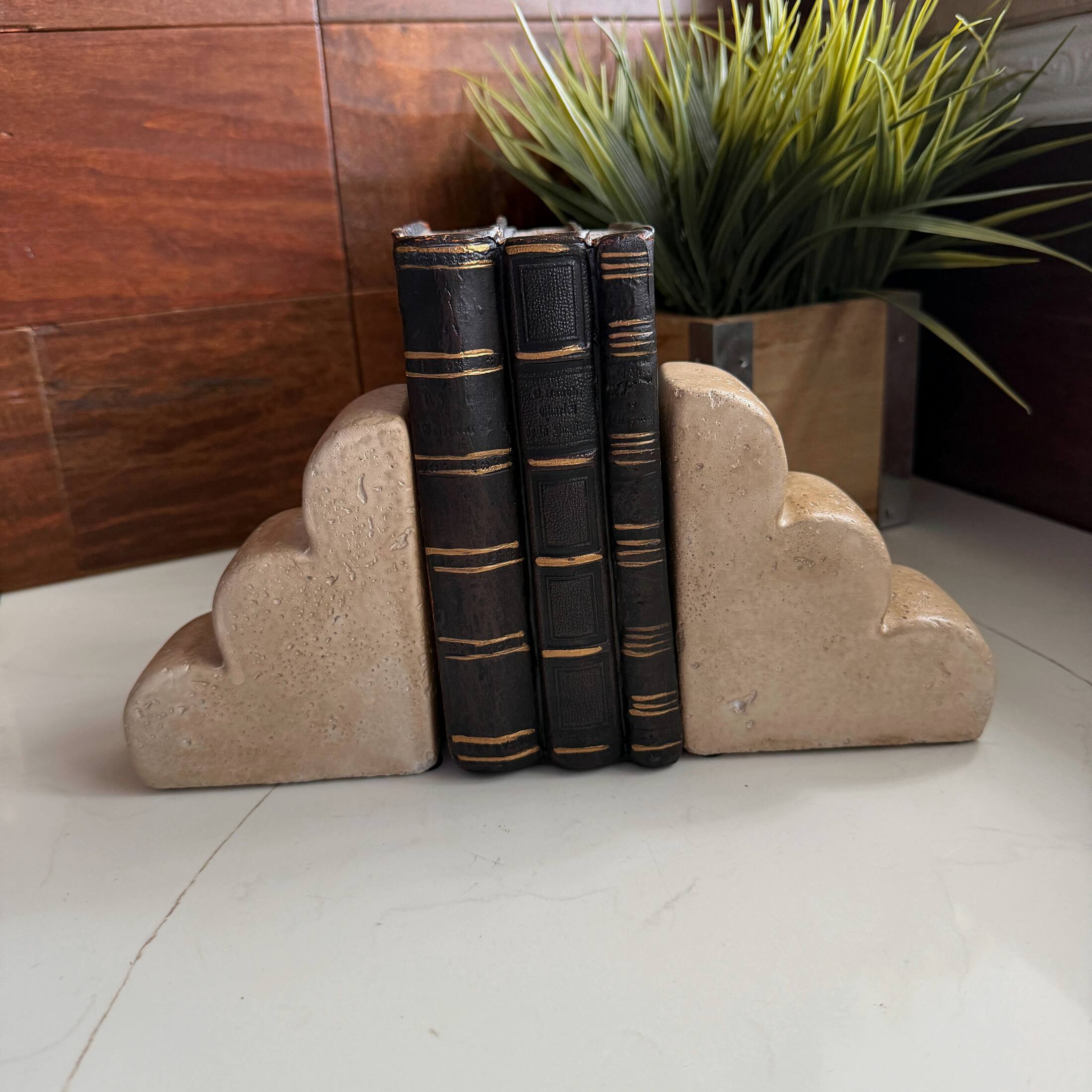 Alt View 5. Things2Die4 - Decorative Cement Scallop Edge Bookends Set of 2 Beige Matte 7.75 Inch Wide - Beige.