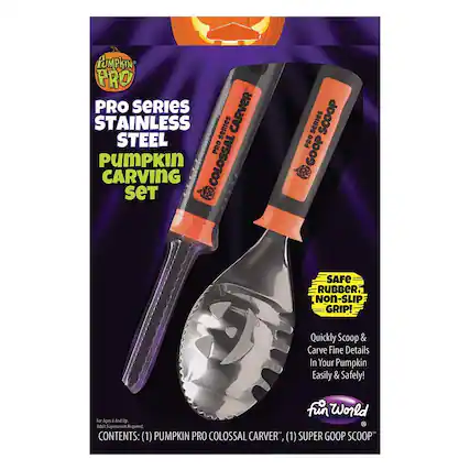 PUMPKIN PRO PRO SERIES CARVER STAINLESS STEEL PRO PUMPKIN CARVING COLOSSAL SET P00 SERIES SCOOP PRO GOOP SAFE RUBBER, Non-SLIP GRIP! Quickly Scoop & Carve Fine Details In Your Pumpkin Easily & Safely! Fun World For Ages 4 And Up Adult Supervision Required CONTENTS: (1) PUMPKIN PRO COLOSSAL CARVER", (1) SUPER GOOP SCOOP