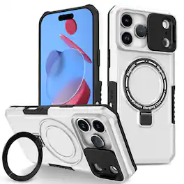 Dteck - Rugged Case for Apple iPhone 17 Pro Max with Slide Lens Cover,Shockproof Ring Kickstand Cover,Hybrid Hard Phone Shell - White