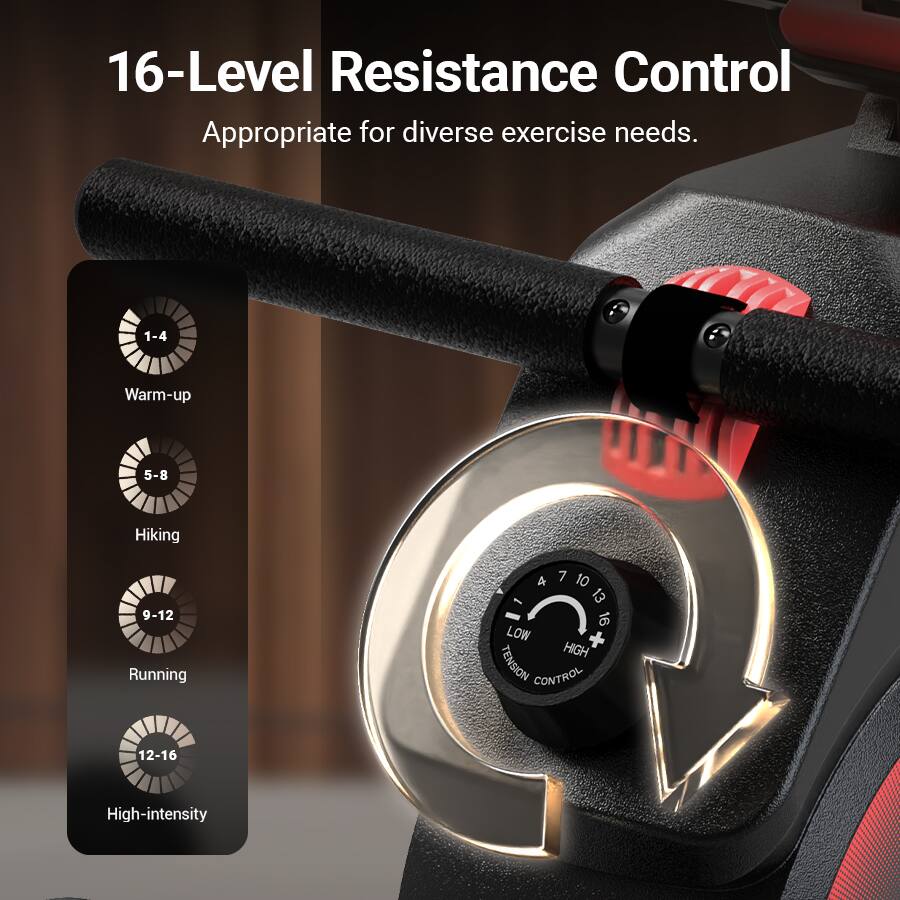 16-Level Resistance Control  
Appropriate for diverse exercise needs.  

1-4 Warm-up  
5-8 Hiking  
9-12 Running  
12-16 High-intensity  

LOW + HIGH TENSION CONTROL
