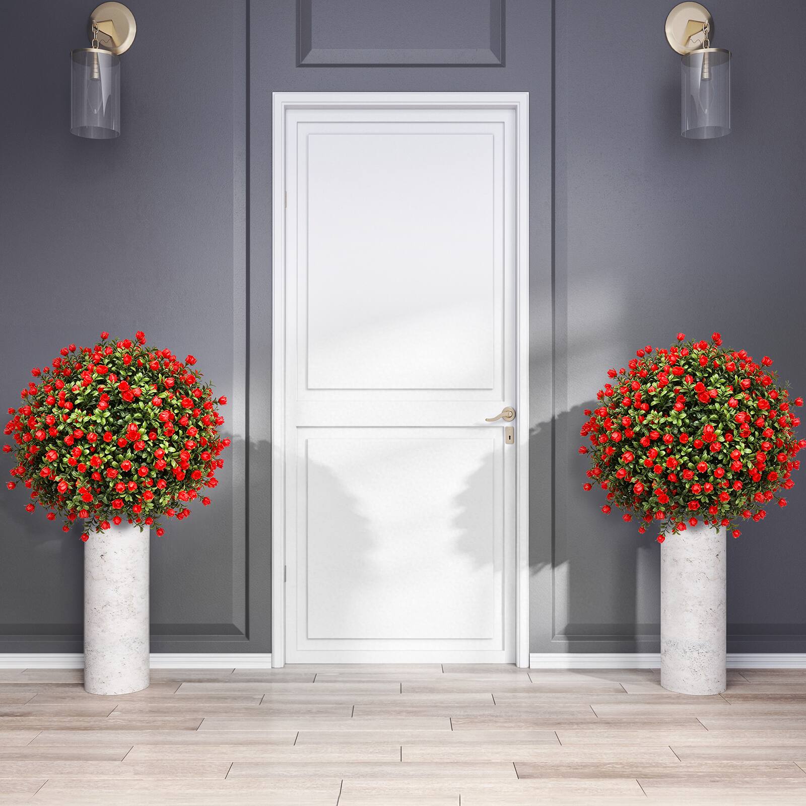 Alt View 1. Oumilen - 2 Pack Artificial Red Rose Topiary Trees – UV Resistant Outdoor Fake Plants with Stakes, 26.3in for Garden Yard - Red.