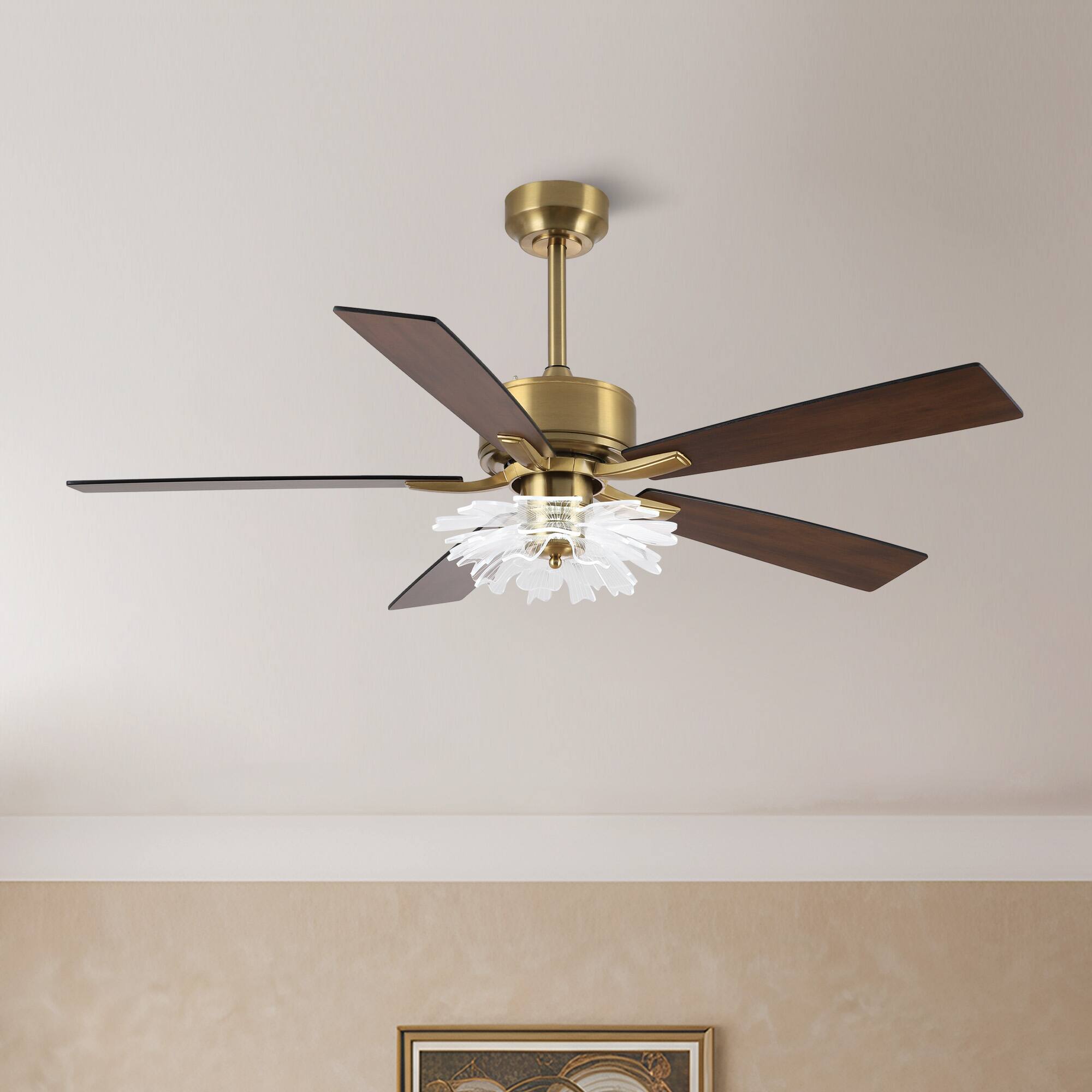 Front. Parrot Uncle - 52" Modern Gold LED Ceiling Fan with Remote and Light Guide Plate Shade Design - Gold.