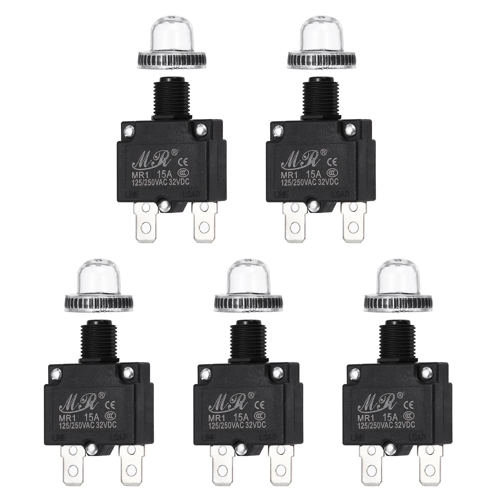 Unique Bargains - 5pcs 15A Push Button Circuit Breaker, 125/250V AC,32V DC, Manual Reset Thermal Overload Protector, Waterproof Caps - Black price history on PriceWatchPro