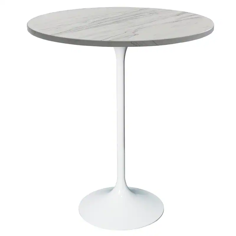 LeisureMod - Verve 27 Inch Round Bar Height Table with Marbleized White Laminated Top and White Base, Modern Bistro Pub Table - White Marbleized