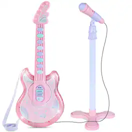 Best Choice Products - 19in Kids Flash Guitar, Pretend Play Musical Instrument Toy for Toddlers w/ Mic, Stand - Soft Pink