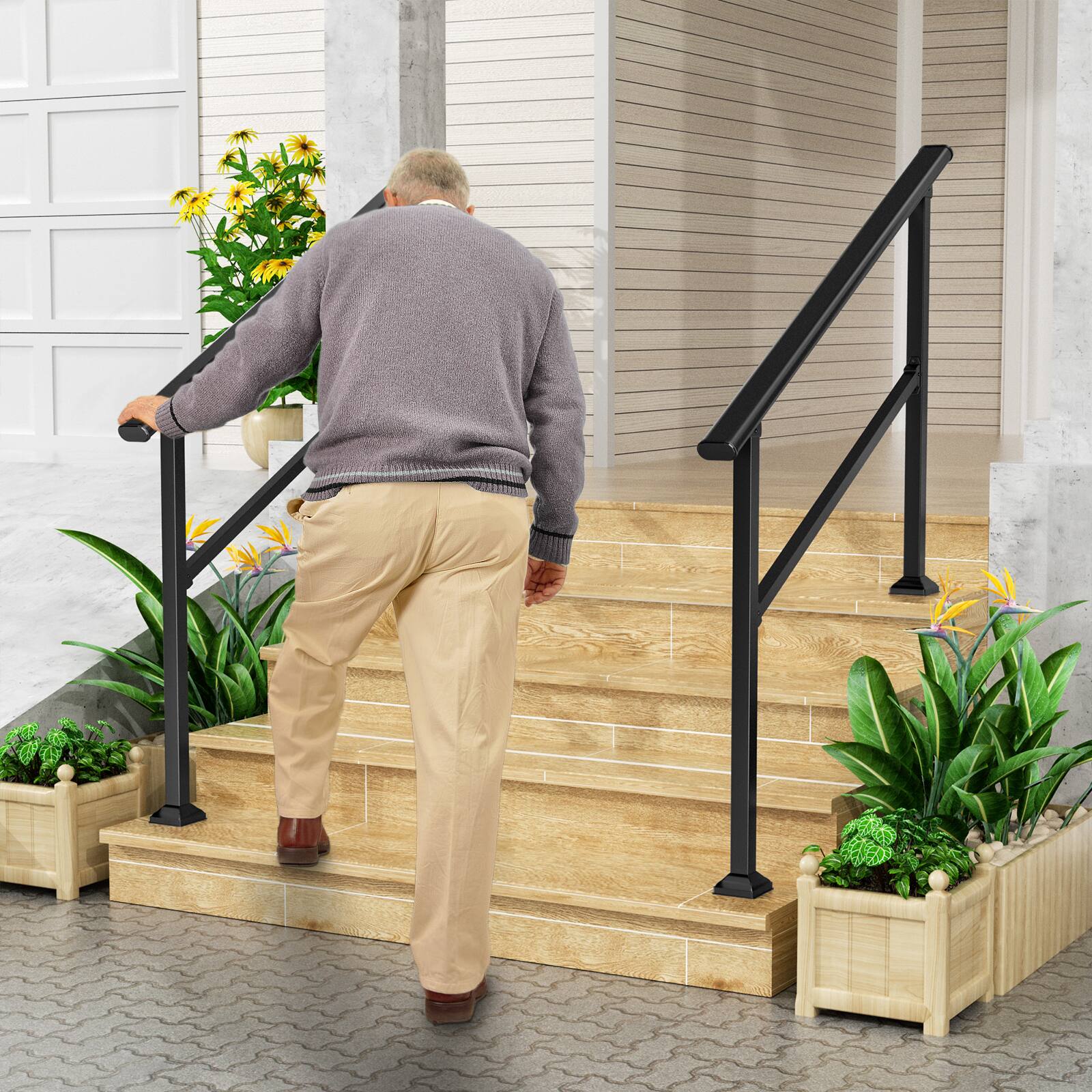 Left. LOVMOR - LOVMOR 2 Pack 4 Step Hand Rails for Outdoor Steps Wrought Iron Railing - Black.