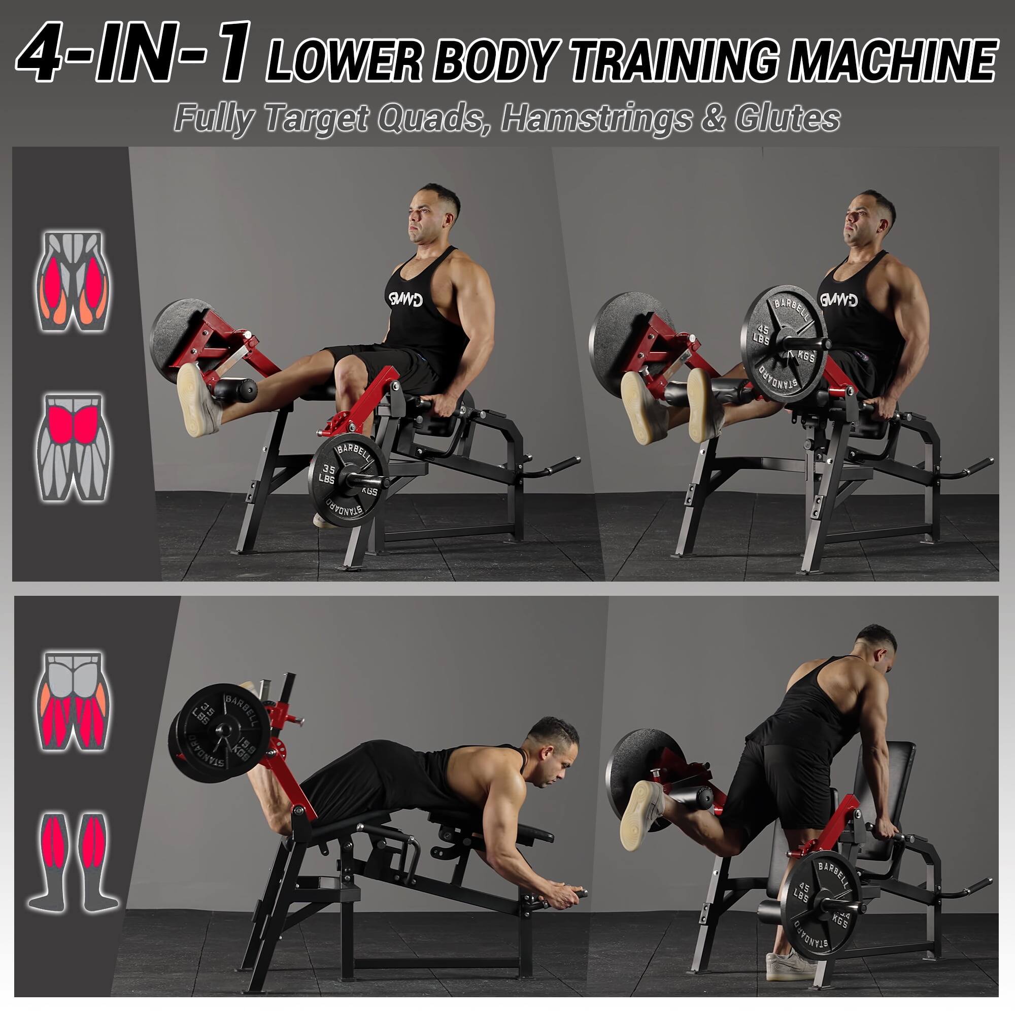 4-IN-1 LOWER BODY TRAINING MACHINE Fully Target Quads, Hamstrings & Glutes CARE CWNB BABSEKE 45 CS OUTONEIS DARBELL 35 LBS AUS ODVER LIG 5 GANBELL RYONND KOB 15.5 45 BERSELL LeS at RSS EOTENEDS