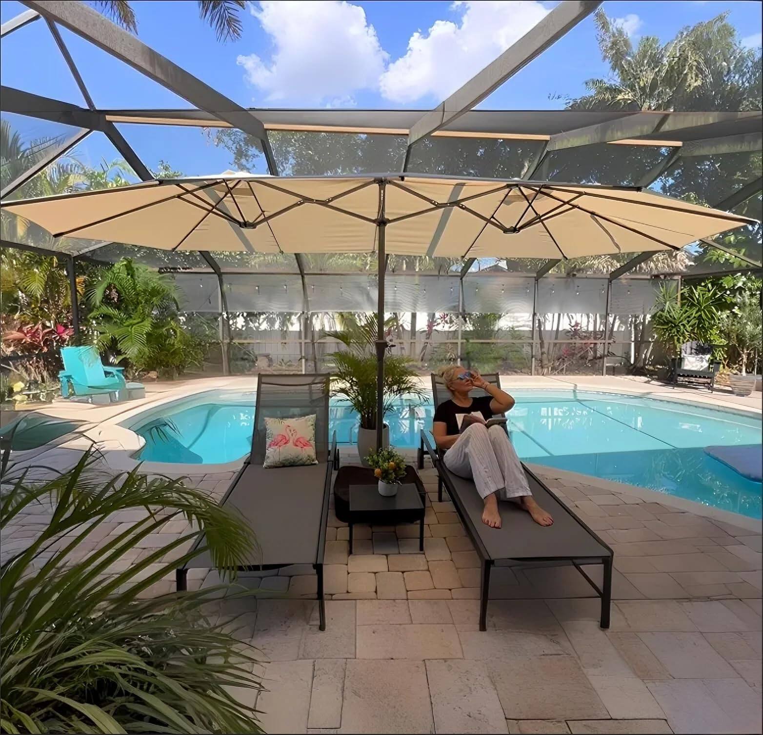 Alt View 9. PURPLE LEAF - 15 ft. Patio Market Umbrella with Base Double-Sided Outdoor Table Sun Umbrellas with Crank for Pool Beach Deck Backyard - Beige.