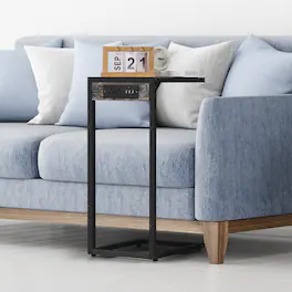 Oumilen - Set of 2 C-Shaped Side Tables with Charging Station – Rustic Wood End Table with AC/USB, Slides Under Sofa - Gray