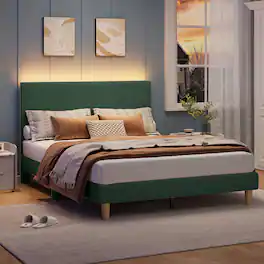 Bestier - Queen Size Upholstered Bed Frame with LED Lights, Adjustable Headboard - Green