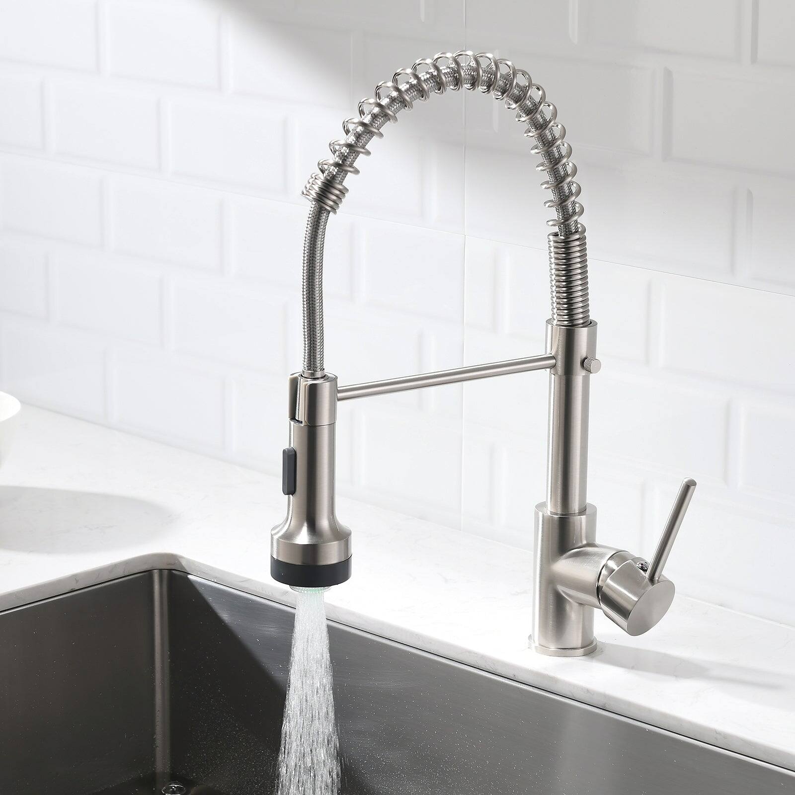 Alt View 5. Boyel Living - Brushed Nickel Gooseneck Pull Down Sprayer Kitchen Faucet with LED Light and Water Supply Lines - Brushed Nickel.