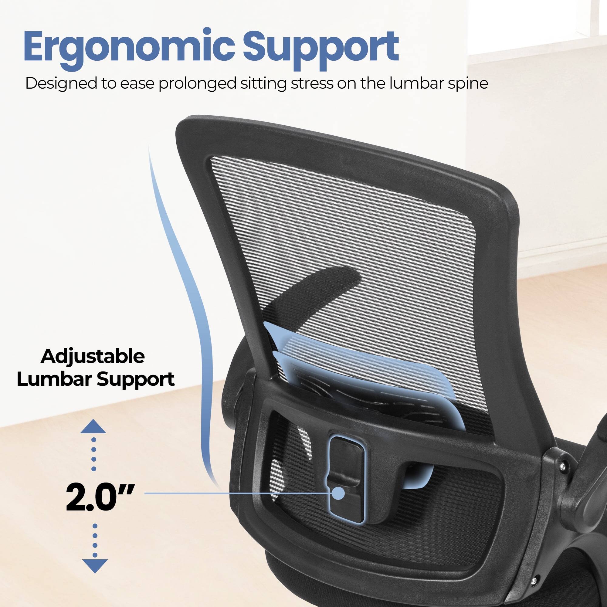 Ergonomic Support  
Designed to ease prolonged sitting stress on the lumbar spine  

Adjustable Lumbar Support  
2.0"