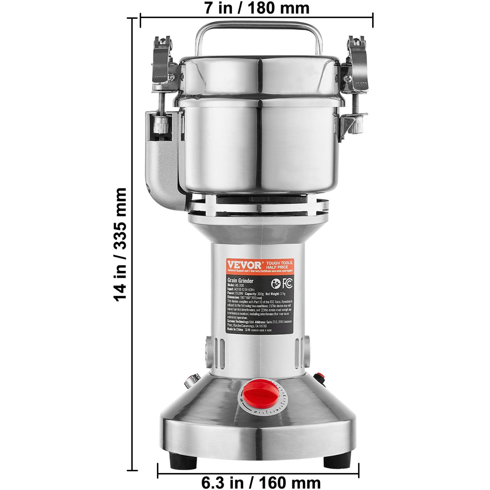 Sure, here is the corrected and grouped text:

---

**VEVOR TOUGH TOOLS**

**Grain Grinder**

- **Capacity:** 3008 BU
- **Power:** 200W
- **Voltage:** 110V/220V
- **Frequency:** 50/60Hz
- **Net Weight:** 13.2 kg
- **Dimensions:**
  - **Height:** 14 in / 335 mm
  - **Width:** 7 in / 180 mm
  - **Depth:** 6.3 in / 160 mm

---

This text is based on the image provided.
