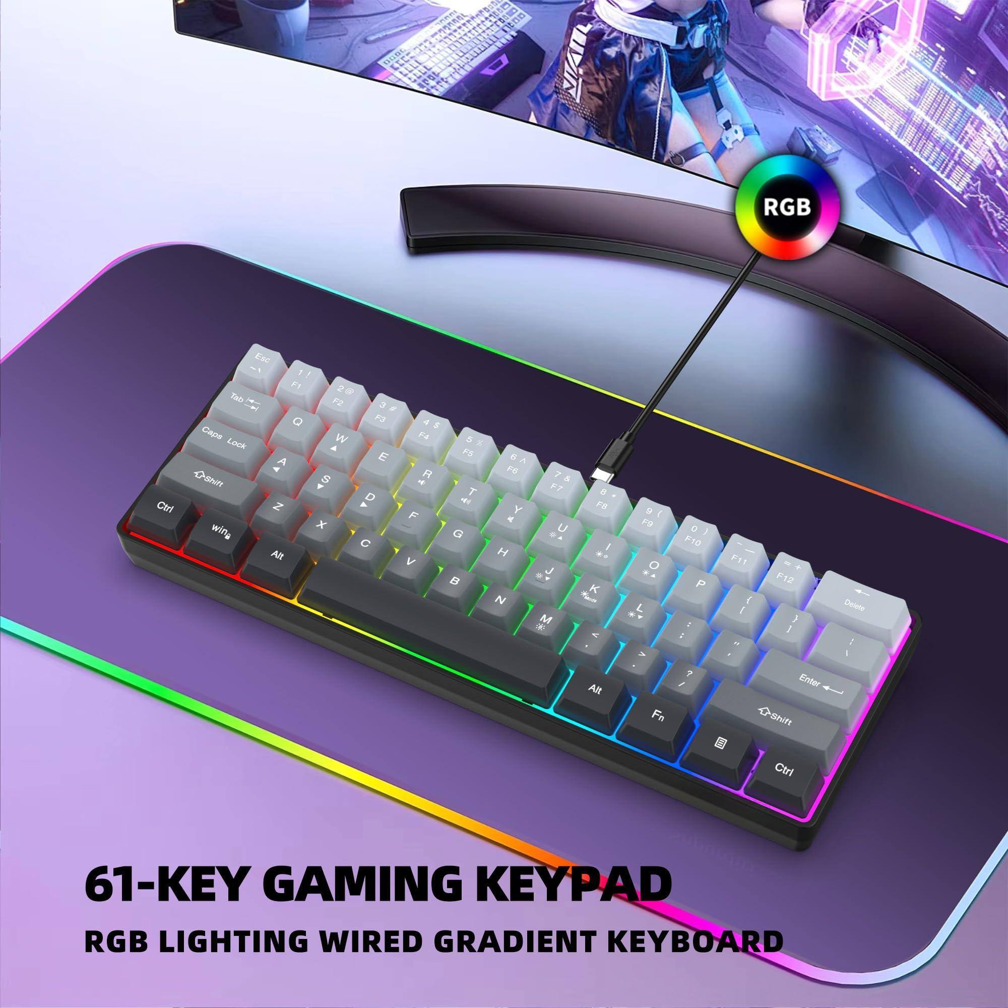 TVN RGB 1 Ctrl E ENC 1 F1 Dal O Cape Lock A SHIN Z wing Alt 2 F2 w a N F x 3 , 93 E D -  4 1 FA R - F V & FS T 41 G  . F6 Y a H N 2 . F7 a FB U I J K - M A - D I FB O L - a P10 P  : F11 1 1 . F12 1 1 Detere - - AR Fn 7 / Dnster Chenin Ctri 61-KEY GAMING KEYPAD RGB LIGHTING WIRED GRADIENT KEYBOARD