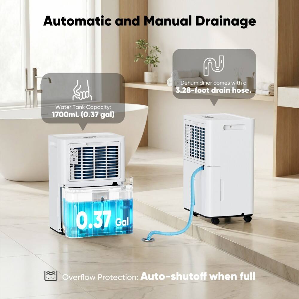 Automatic and Manual Drainage

Water Tank Capacity: 1700mL (0.37 gal)

Dehumidifier comes with a 3.28-foot drain hose.

Overflow Protection: Auto-shutoff when full