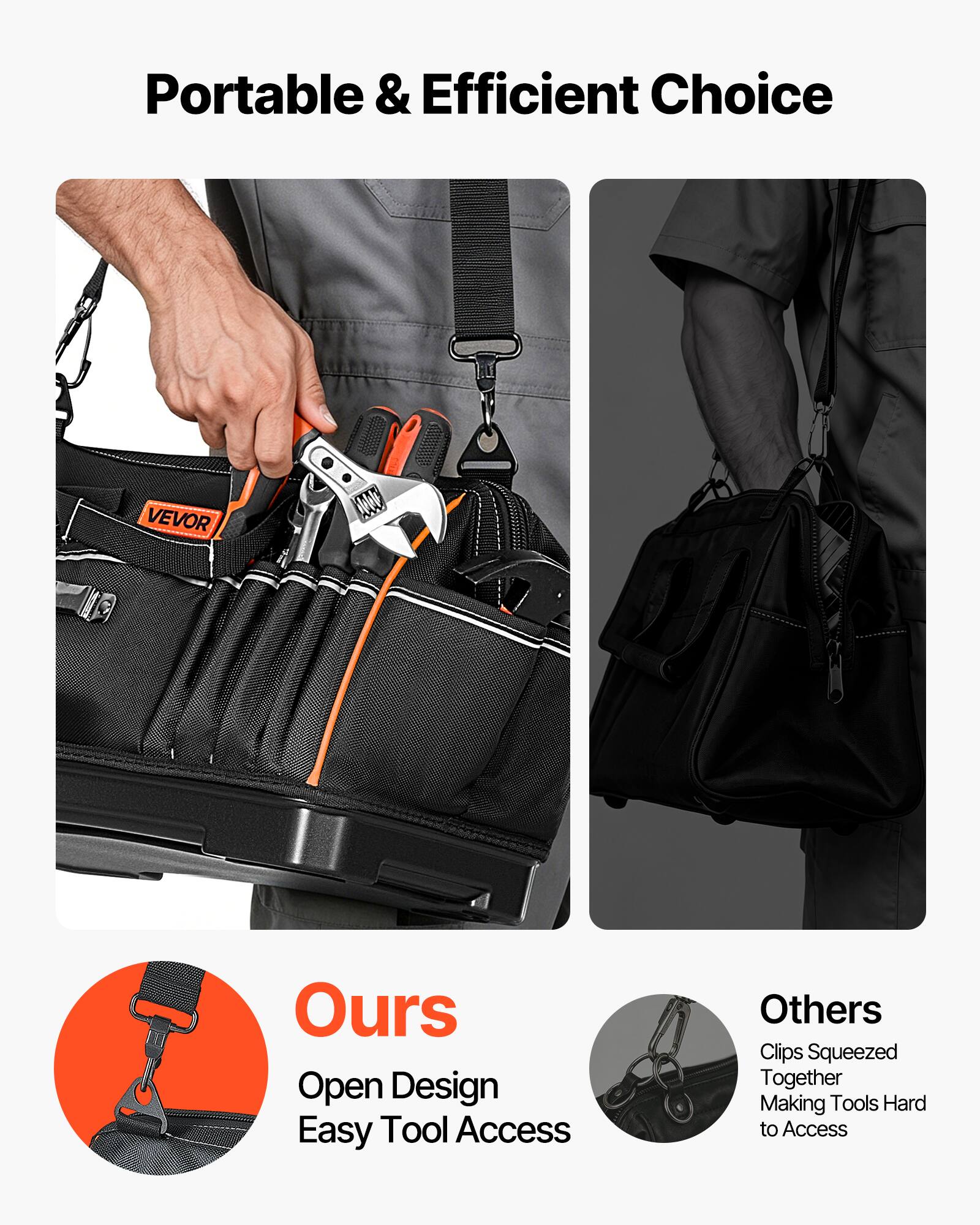 Portable & Efficient Choice

VEVOR

Ours
Open Design
Easy Tool Access

Others
Clips Squeezed Together
Making Tools Hard to Access