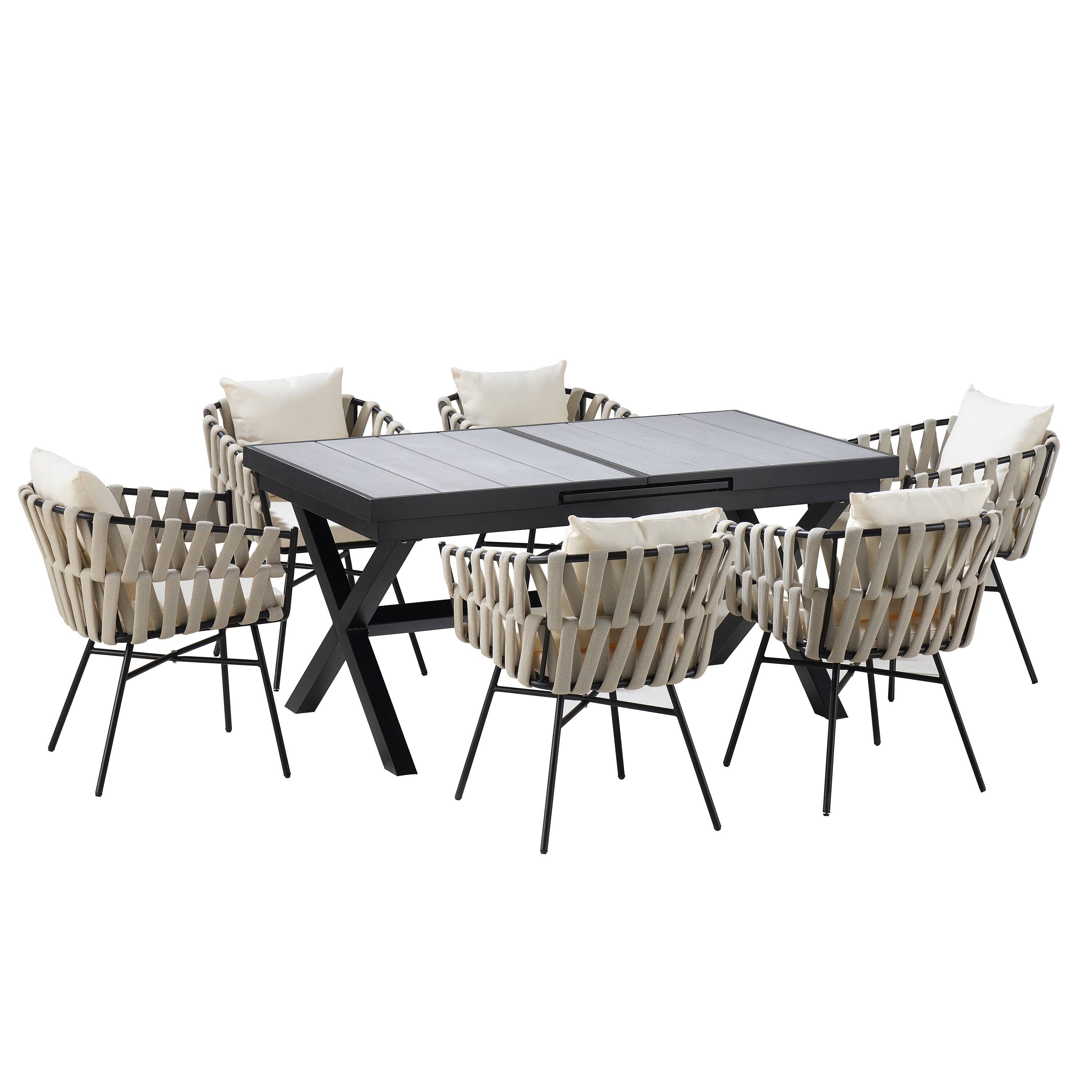 Alt View 2. APRILSOUL - U Style 6 Polyester Woven Tape Chairs Expandable Table 629 To 826 Inches Alfresco Dining - Beige,Gray.