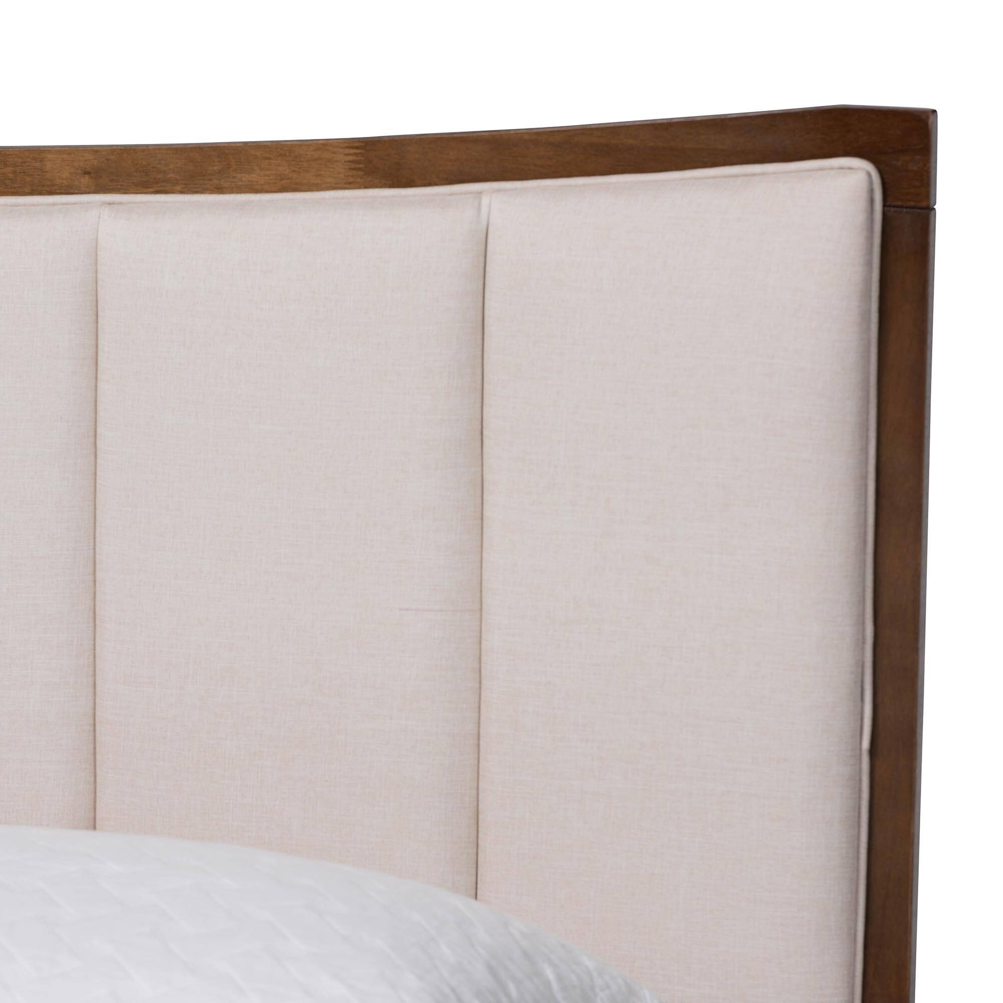 Back. Baxton Studio - Nikolai Mid-Century Channel Tufted Fabric and Wenge Brown Wood Queen Bed - Beige/Wenge Brown.