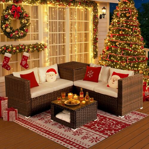 Alt View 9. Winado - 4PCS Patio Rattan Wicker Furniture Sets w/ Glass Top Coffee Table with Pet Ped, Hidden Storage In/Outdoor Garden Balcony - Brown & Beige Cushion.
