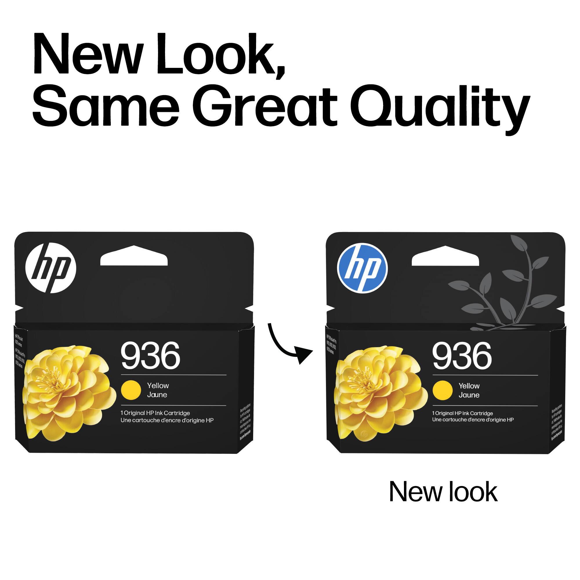 New Look, Same Great Quality

hp 936 Yellow Jaune - Original HP Ink Cartridge  
Une cartouche d'encre d'origine HP

New look