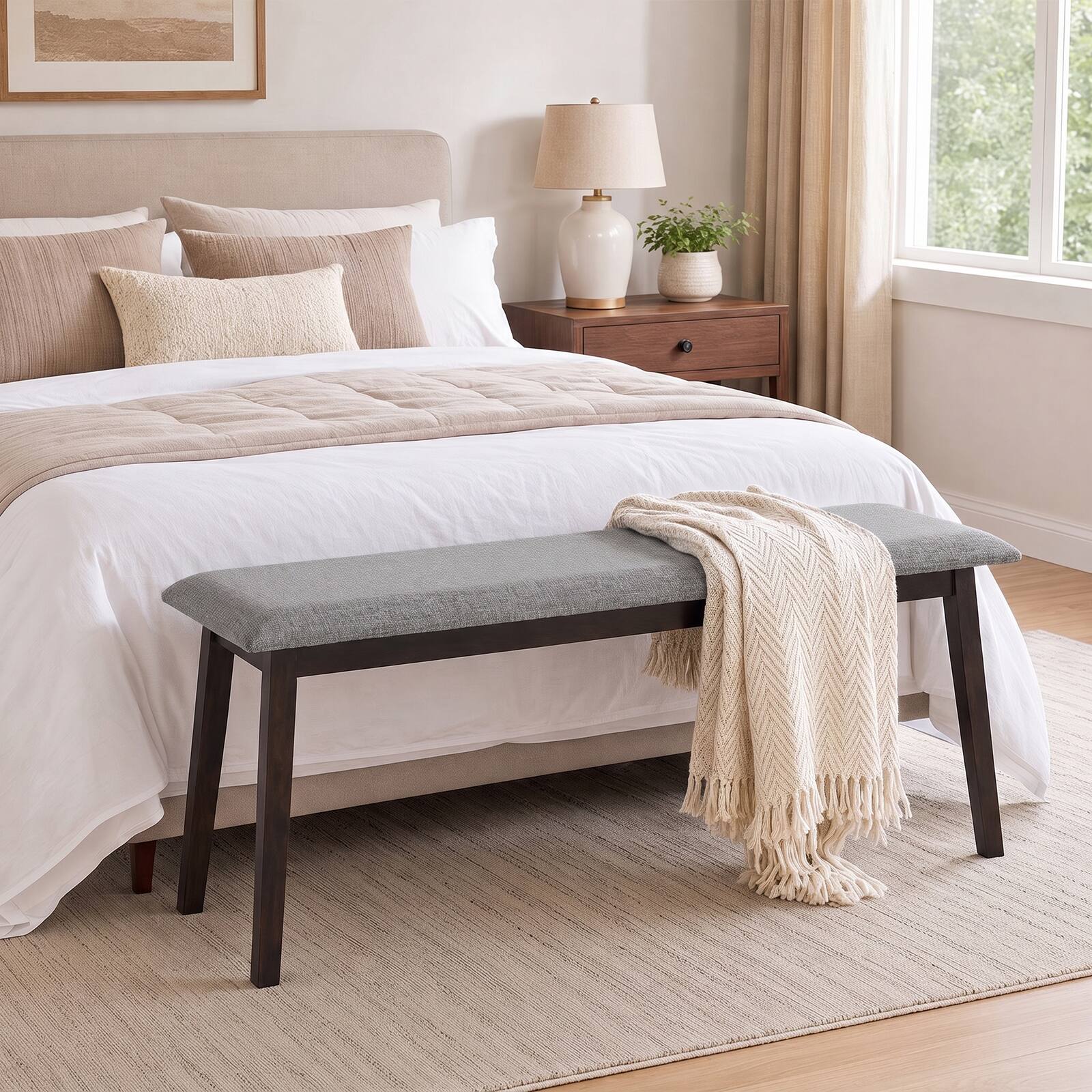 Alt View 3. Costway - Costway 43.5" Upholstered Entryway Bench with Rubber Wood Frame, Farmhouse End of Bed Bench - Gray.