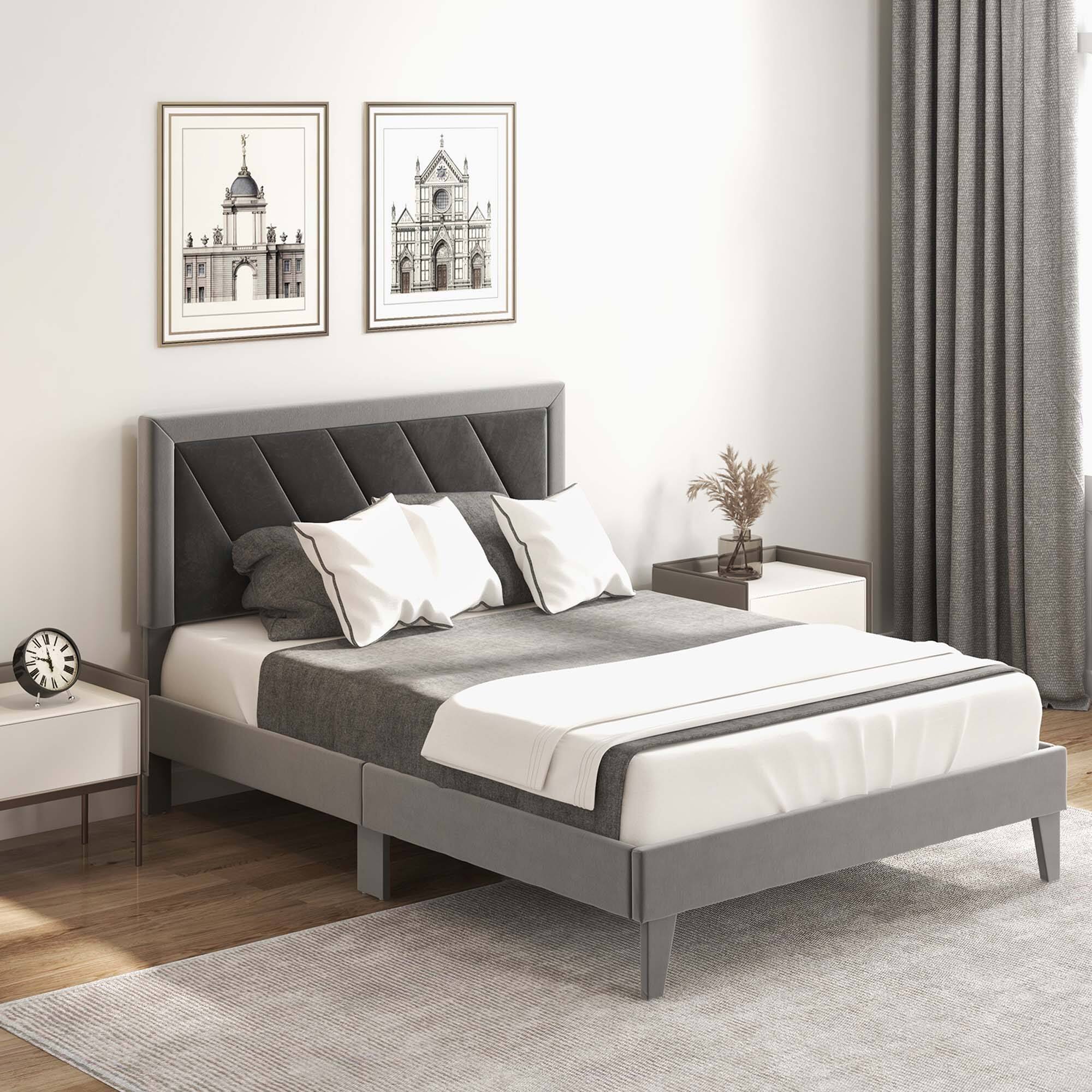 Alt View 1. Costway - Costway Full Size Bed Frame Upholstered Platform Velvet Headboard Wooden Slats - Gray.
