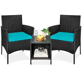 Best Choice Products - 3-Piece Outdoor Wicker Conversation Patio Bistro Set, w/ 2 Chairs, Table - Black/Teal