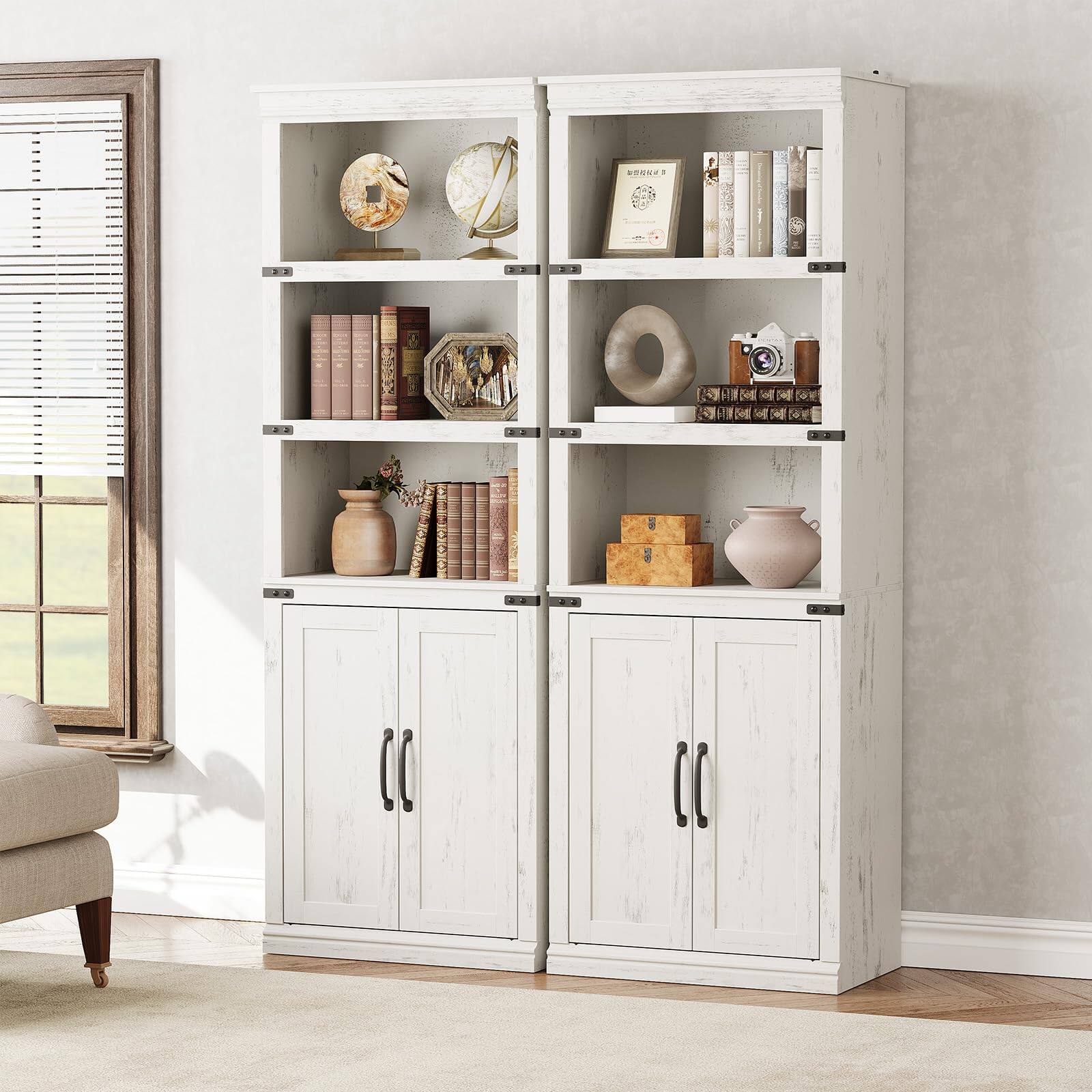 Left. Jojoka - 68.7" Rustic Farmhouse Bookshelf with Doors, 5-Tier Wooden Bookcase with Storage Cabinet - White.
