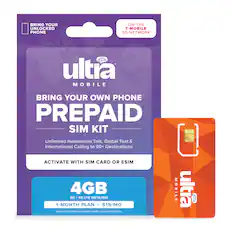 BRING YOUR UNLOCKED PHONE
ON THE T-MOBILE 5G NETWORK
ultra MOBILE
BRING YOUR OWN PHONE PREPAID SIM KIT
Unlimited Nationwide Talk, Global Text & International Calling to 90+ Destinations
ACTIVATE WITH SIM CARD OR eSIM
4GB
5G + 4G LTE DATA/MO
1-MONTH PLAN | $19/MO
AVAILABILITY, SPEED & COVERAGE VARY. TAXES & FEES EXTRA.