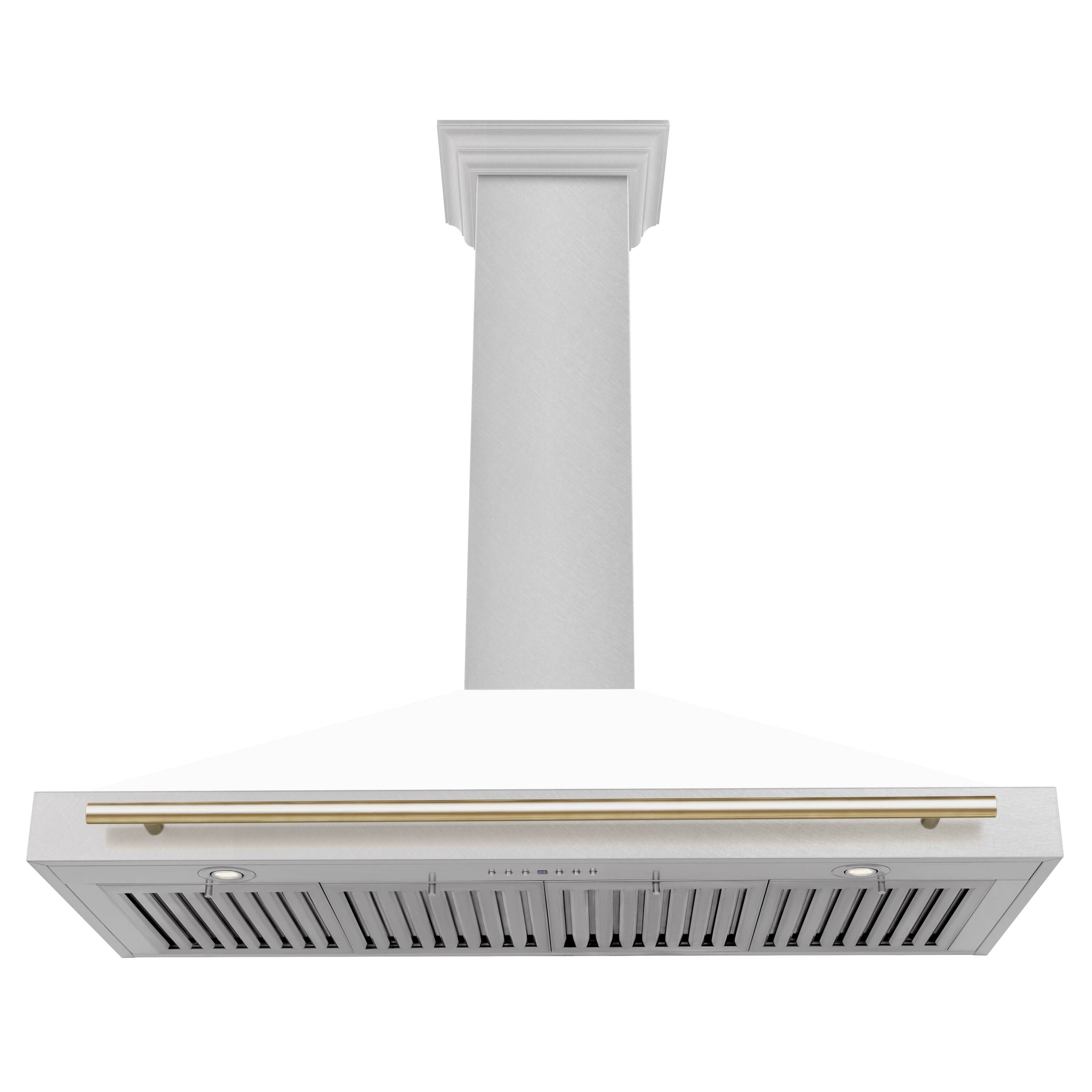 Angle. ZLINE - Autograph 48 in. Convertible Satin Stainless Steel Wall Mount Range Hood with White Matte Shell and Polished Gold Handle - Stainless steel.