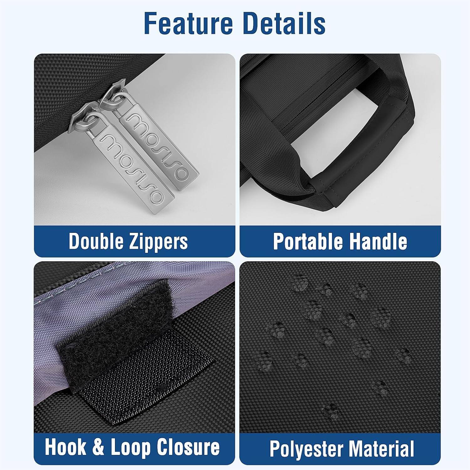 Feature Details  
- Double Zippers  
- Portable Handle  
- Hook & Loop Closure  
- Polyester Material
