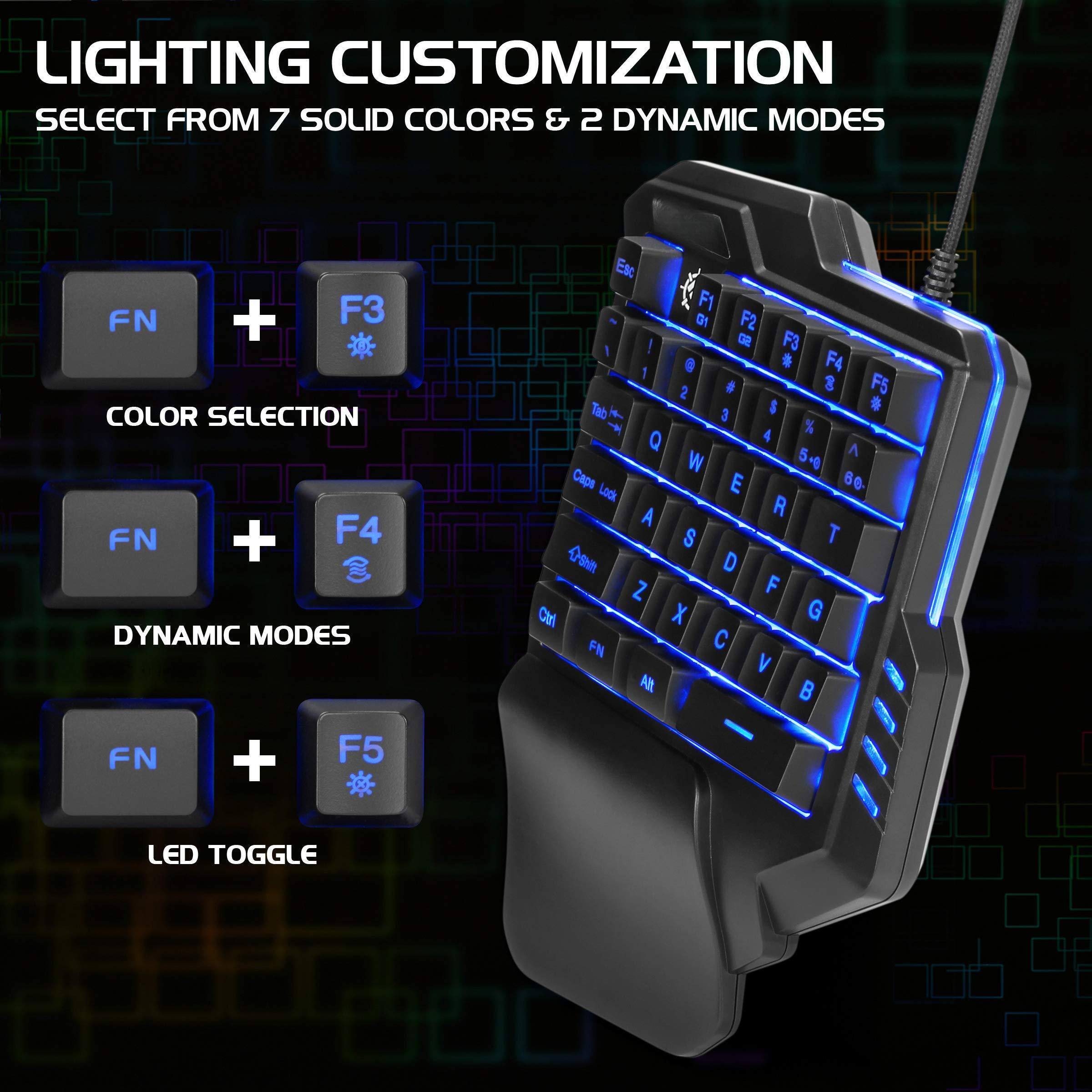 LIGHTING CUSTOMIZATION  
SELECT FROM 7 SOLID COLORS & 2 DYNAMIC MODES  

FN + F3 - COLOR SELECTION  
FN + F4 - DYNAMIC MODES  
FN + F5 - LED TOGGLE