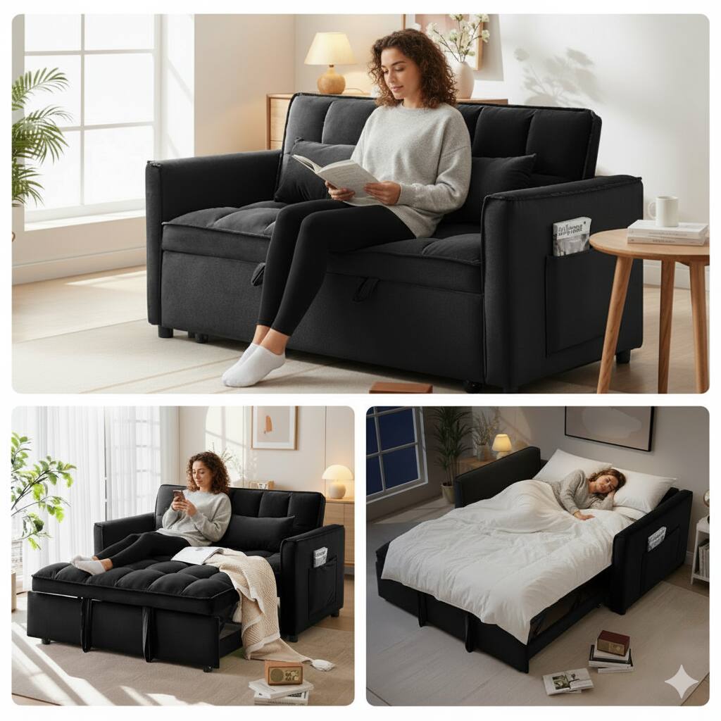 Front. Tiramisubest - 3 in 1 Sleeper Sofa Bed, 55" Convertible Pull Out Couch with Adjustable Backrest for Living Room, Bedroom (Black) - Black.