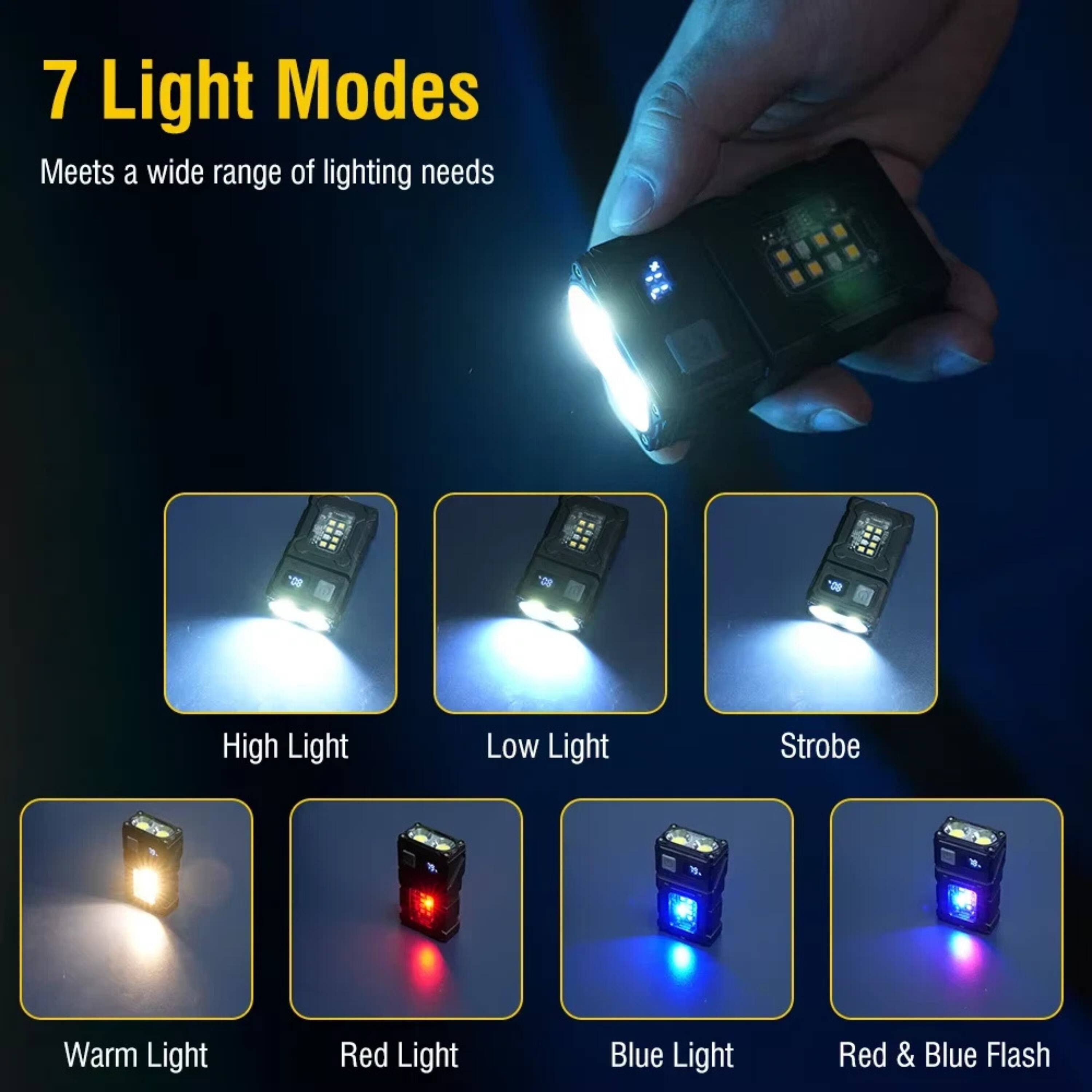 7 Light Modes  
Meets a wide range of lighting needs  

- High Light  
- Low Light  
- Strobe  
- Warm Light  
- Red Light  
- Blue Light  
- Red & Blue Flash