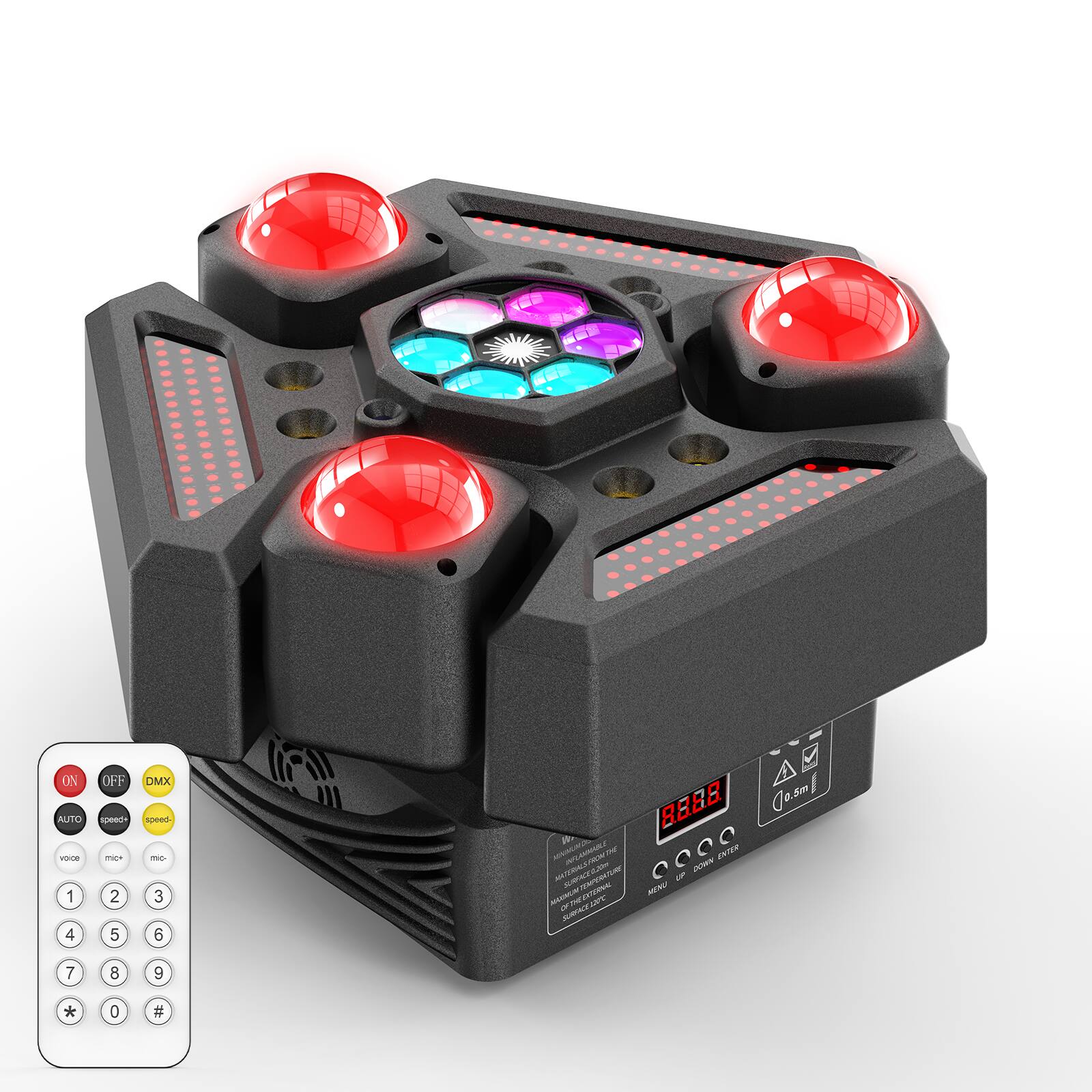 ON AUTO - 1  
OFF peat -.- 2  
DMX speed. 3  
SM BU8 Jo.sm 1  
MNUND A 000.  
n P MVRN - SmNE mV A A MAUM AoRN MENU -n PE JUMENCE 7  
8 9 * 0 #