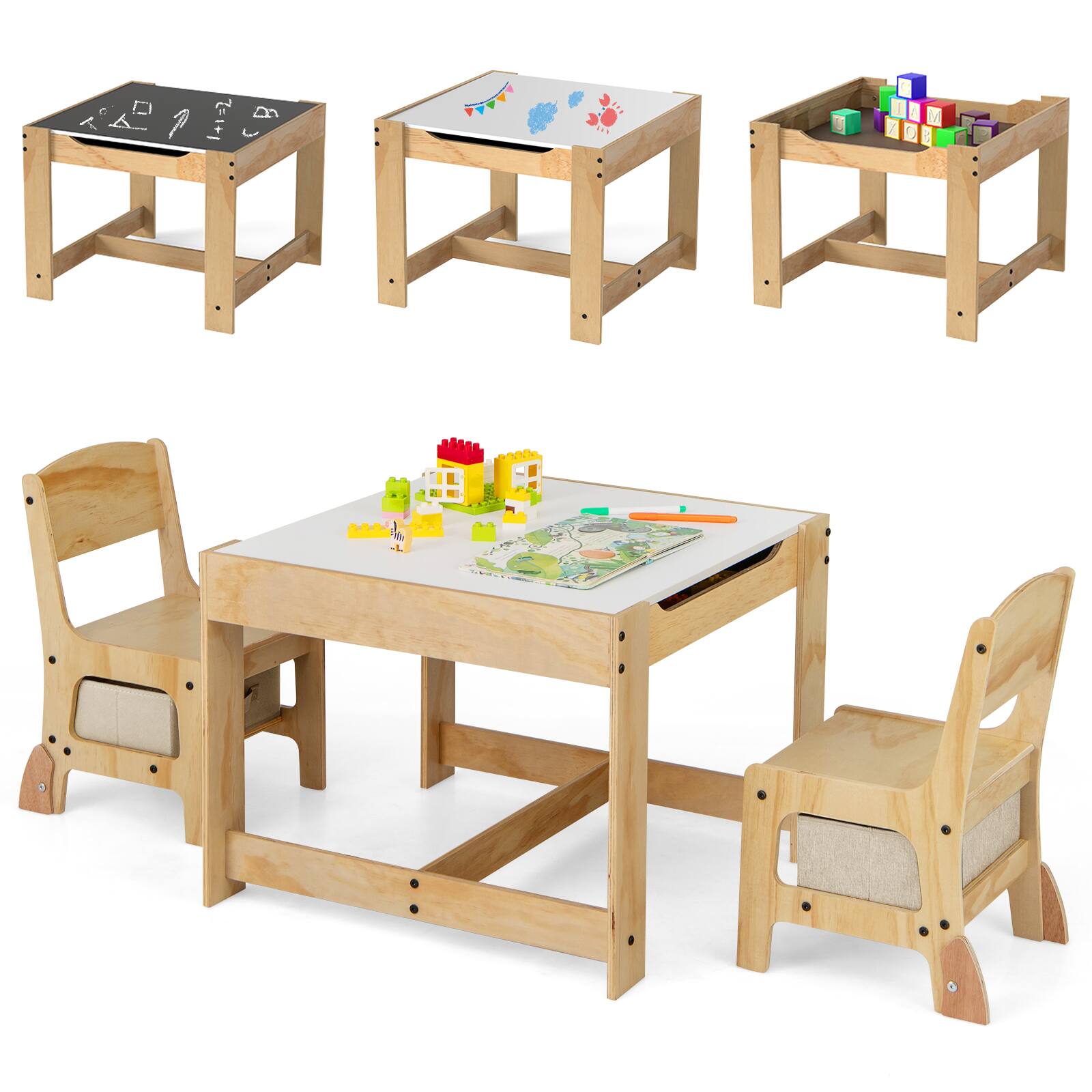 Gymax - 3-In-1 Kids Table & Chairs Set w/Reversible Whiteboard/Chalkboard Top Hidden Storage Natural - Beige