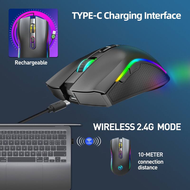 TYPE-C Charging Interface  
Rechargeable  

WIRELESS 2.4G MODE  
10-METER connection distance