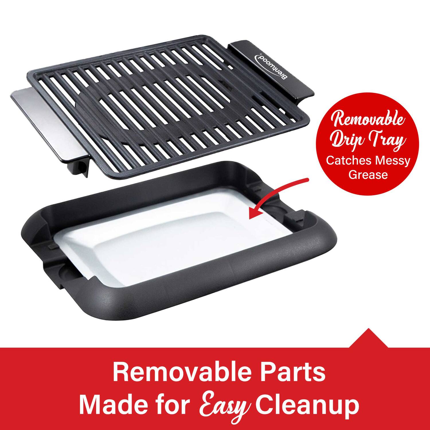 Brentwood Removable Drip Tray  
Catches Messy Grease  

Removable Parts  
Made for Easy Cleanup