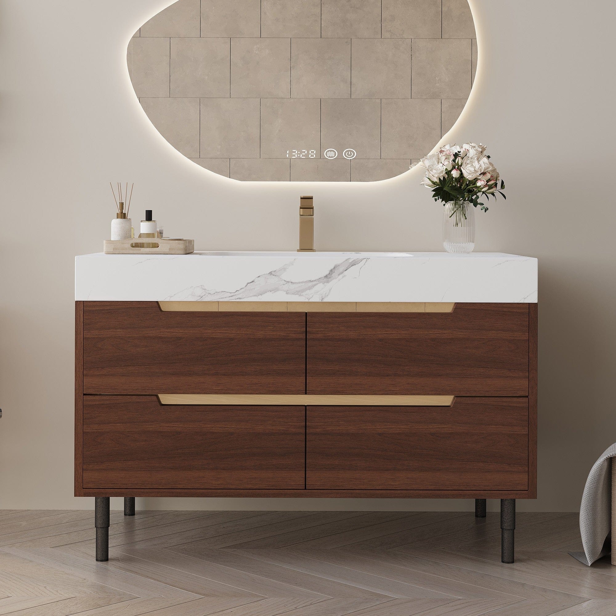 Boyel Living - 35.4 In Modern Bathroom Vanity Undermount Sink Sintered Stone Top Solid Wood - Walnut