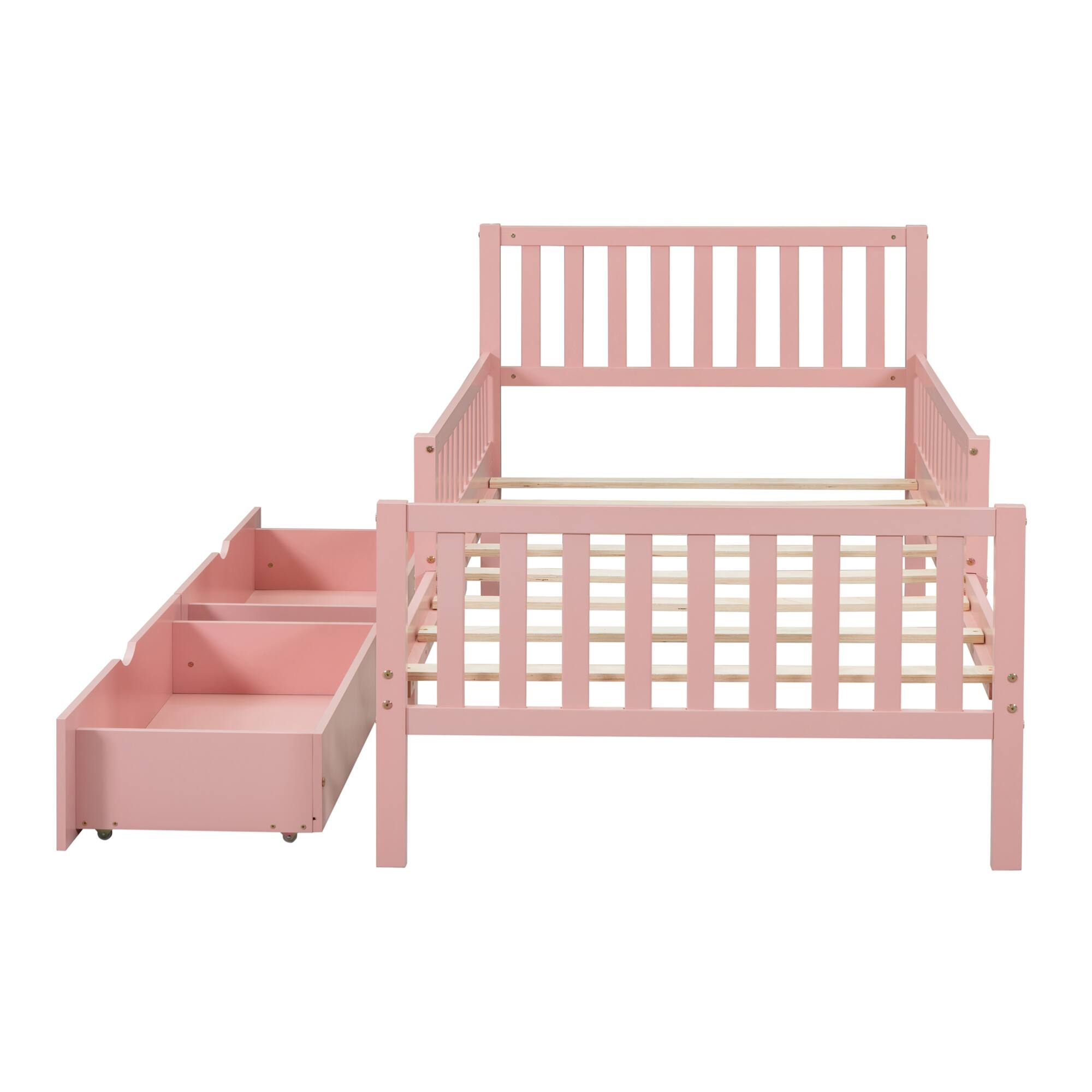 Alt View 2. GOODSILO - Twin Size Wood Platform Bed with Dual Guardrails and Underbed Storage Drawers for Enhanced Safety and Organization - Pink.