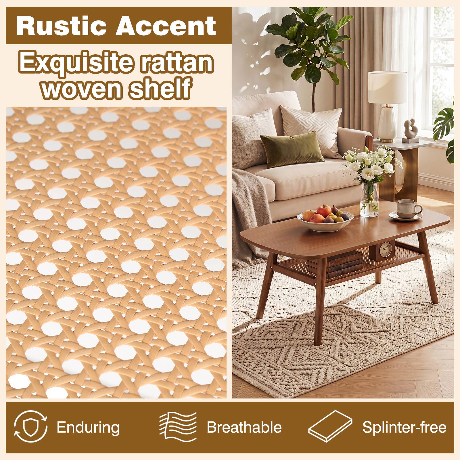 Rustic Accent  
Exquisite rattan woven shelf

Enduring  
Breathable  
Splinter-free