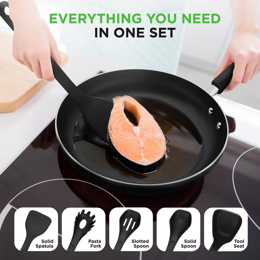EVERYTHING YOU NEED IN ONE SET

- Solid Spatula
- Pasta Fork
- Slotted Spoon
- Solid Spoon
- Tool Seat
